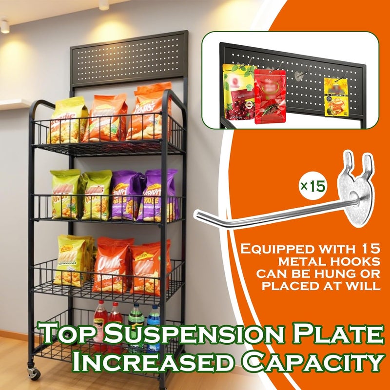 Nerxerx 4 Tier Retail Candy Display Rack Metal Storage Shelf with Wheels & 15 Hooks Concession Candy Snack Display Racks Sturdy and Stable Chip Shelf Rack for Stores, Kitchen, Office (4 Tier Black 50cm) - Image 3